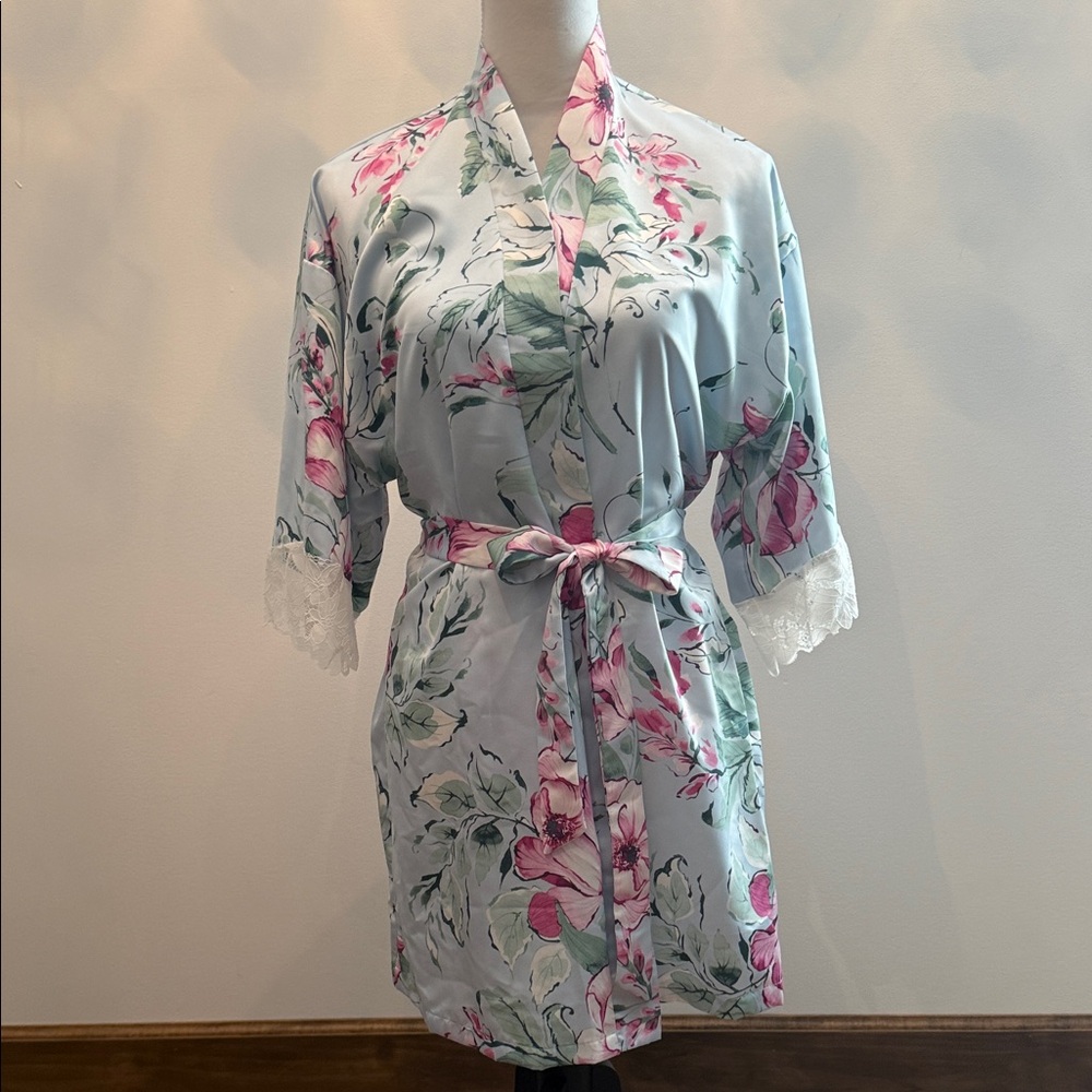 Lilac + London Floral Satin Kimono Robe - Pink and Green